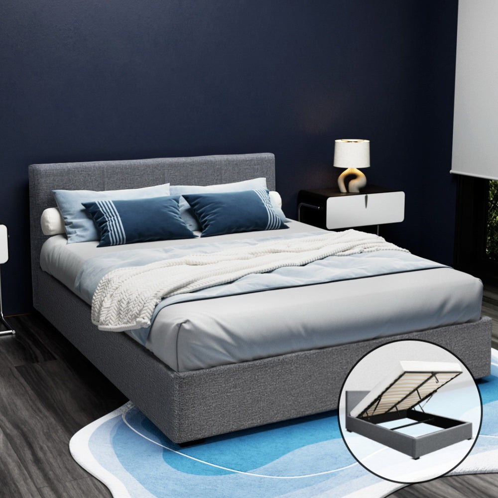 Queen Bed Frame With Headboard and Gas Lift Storage - Grey Fabric