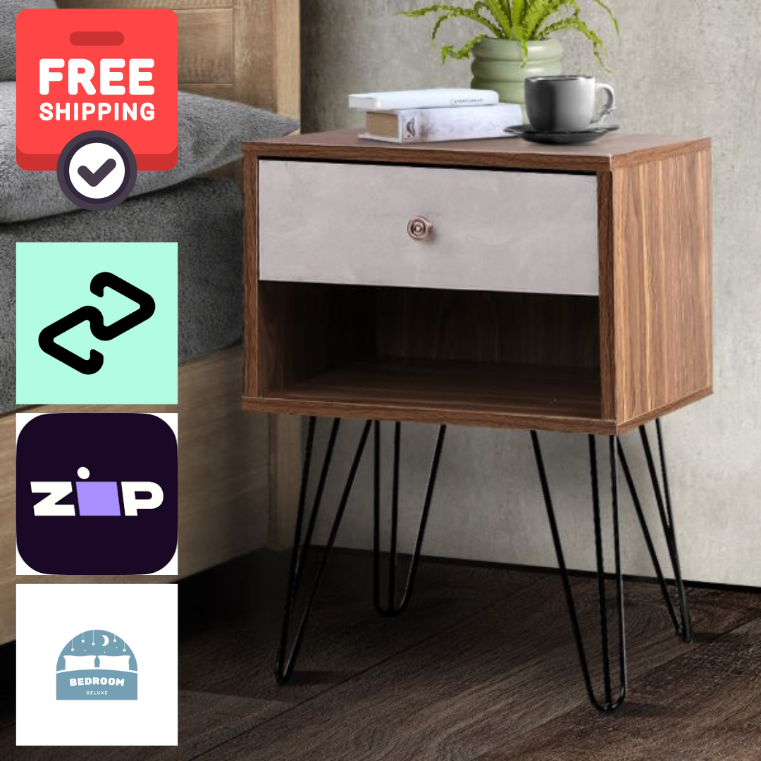 Free Shipping on this item! Retro Bedside Table with Drawer - Grey & Walnut