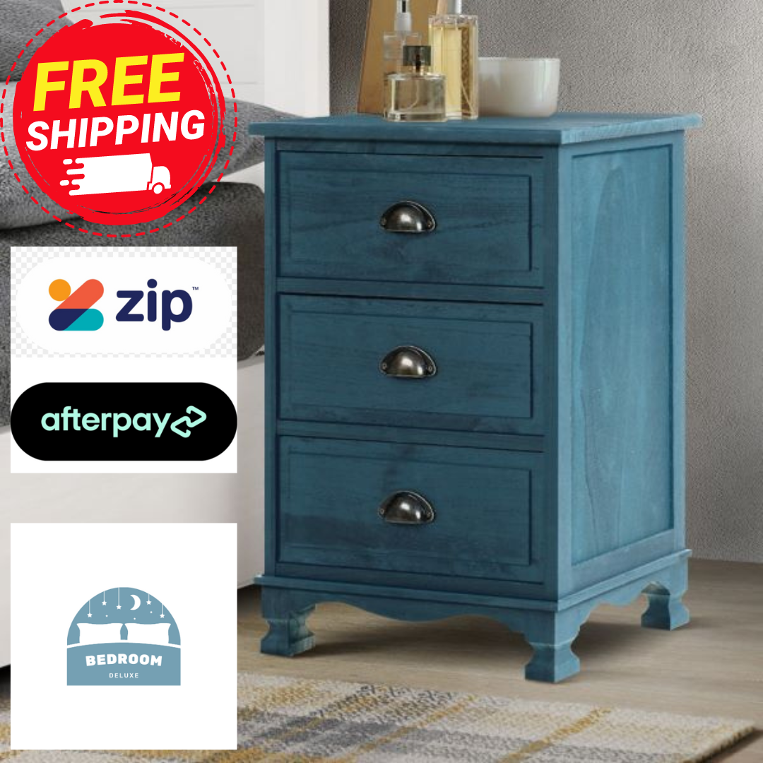Back In stock! Best Seller! No Assembly required + Free Shipping on this Vintage Blue Bedside Table with Three Drawers