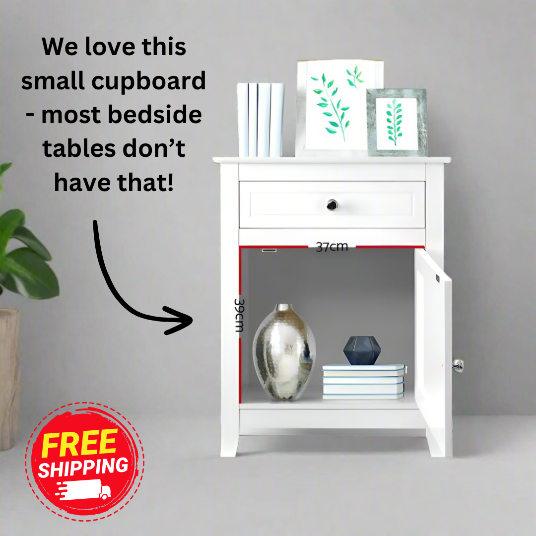 Free Shipping on this Classic Bedside Table With Small Cupboard & Storage Drawer - White