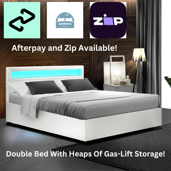Double Size Bed Frame With Gas Lift Storage and LED Light - White