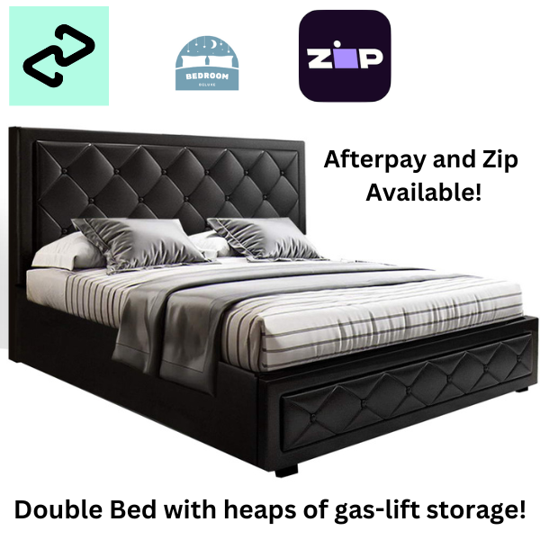 Double Size Bed Frame With Headboard and Gas Lift Storage - Black Leather