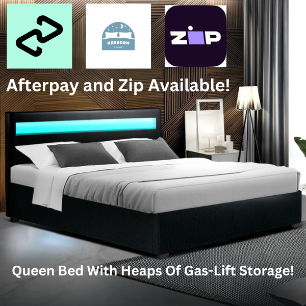 Queen Size Bed Frame With Gas Lift Storage and LED Light - Black