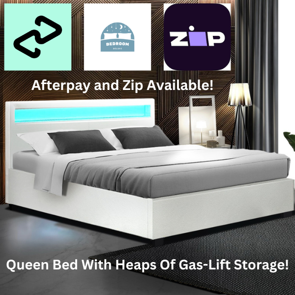 Queen Sized Bed Frame with Gas Lift Storage White Leather