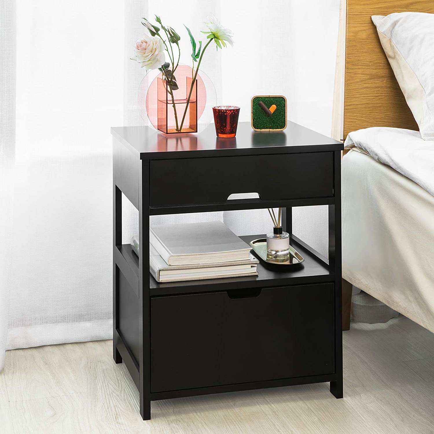 Out of stock! Free Shipping! Bedside Table with 2 Drawers - Black