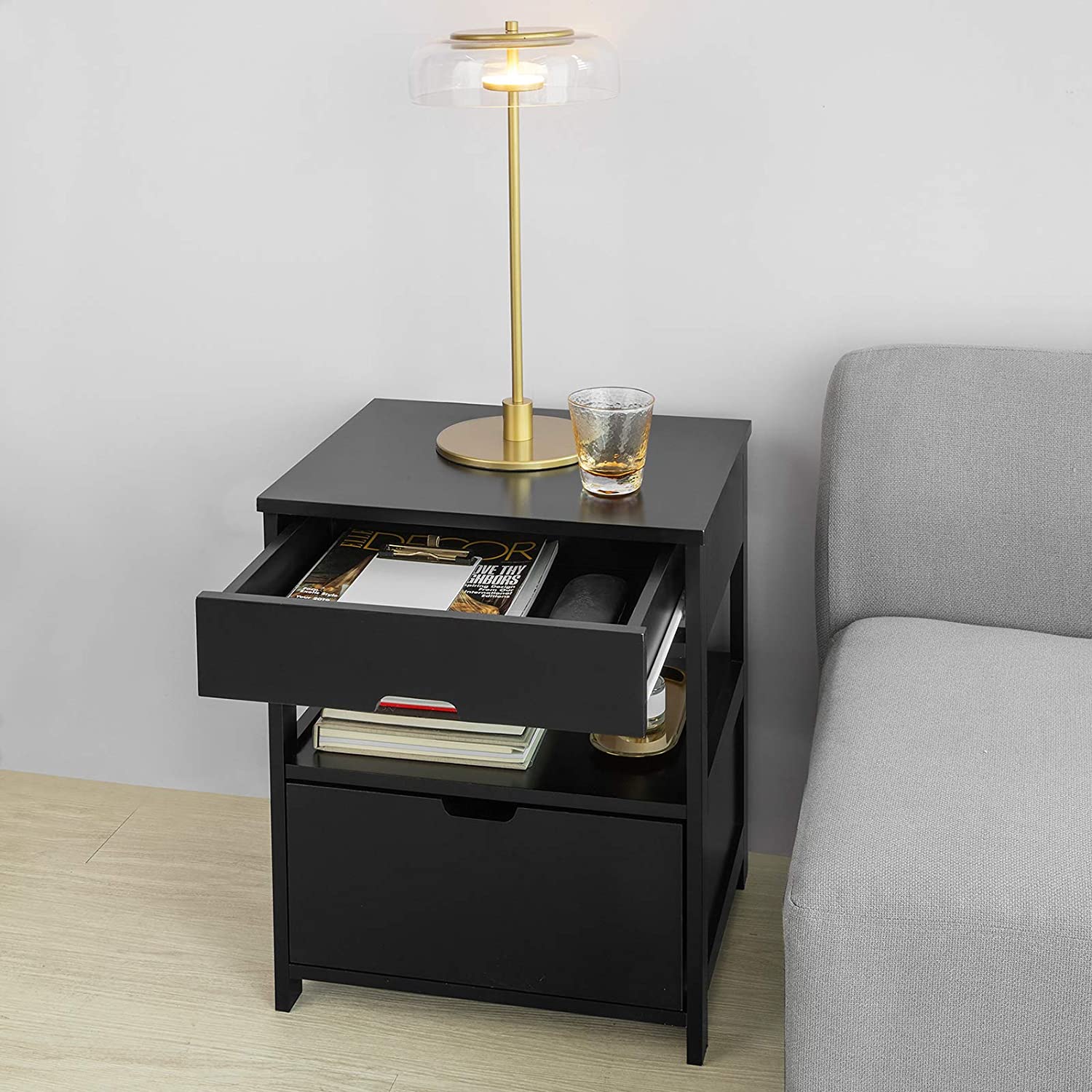 Out of stock! Free Shipping! Bedside Table with 2 Drawers - Black