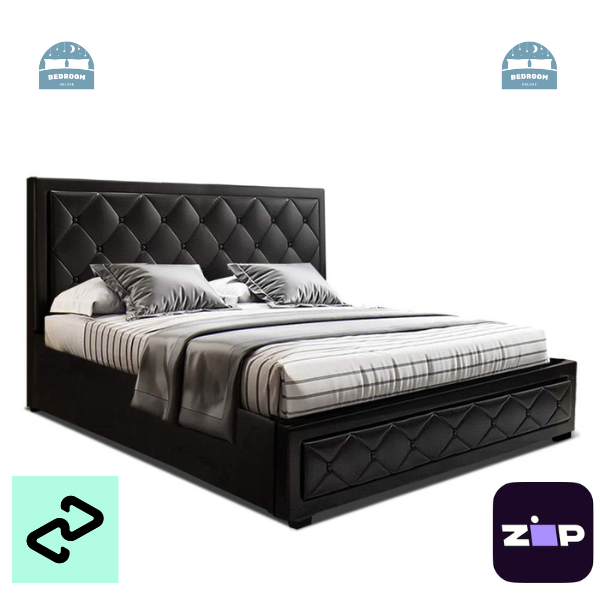Queen Bed Frame With Gas Lift Storage and Headboard - Black Leather