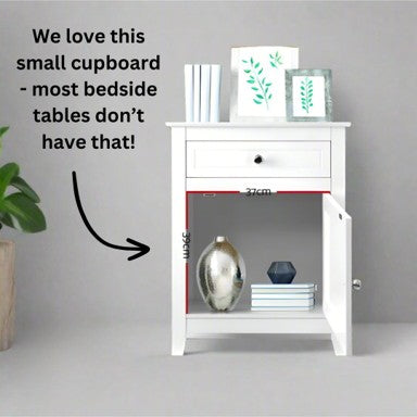 Classic Bedside Table With Small Cupboard & Storage Drawer - White