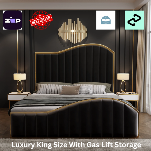 Less than 10 Available! King Size Bed Frame With Gas Lift Storage - Velvet Fabric