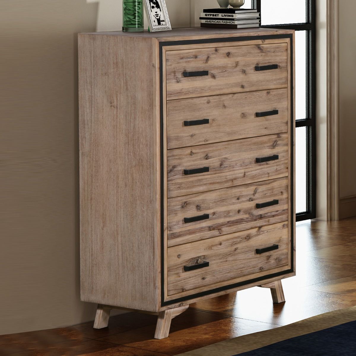 No Assembly Required! Tallboy with 5 Storage Drawers Solid Acacia Wooden Frame in Silver Brush Colour