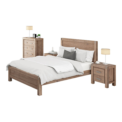 Double Size 4 Pieces Bedroom Suite Incl. Oak Colour Bed, Bedside Table & Tallboy