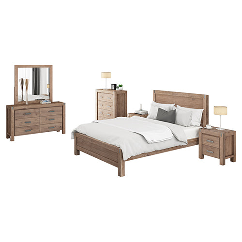 Single Size 5 Piece Bedroom Suite in Solid Acacia Incl Single Bed, Bedside Tables, Tallboy & Dresser