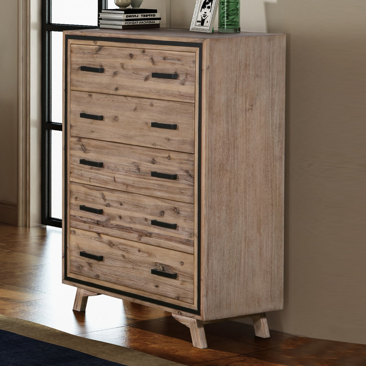 No Assembly Required! Tallboy with 5 Storage Drawers Solid Acacia Wooden Frame in Silver Brush Colour