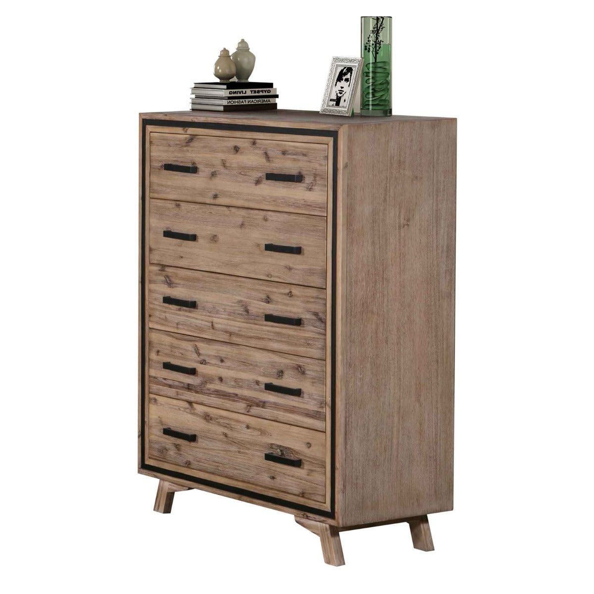 No Assembly Required! Tallboy with 5 Storage Drawers Solid Acacia Wooden Frame in Silver Brush Colour