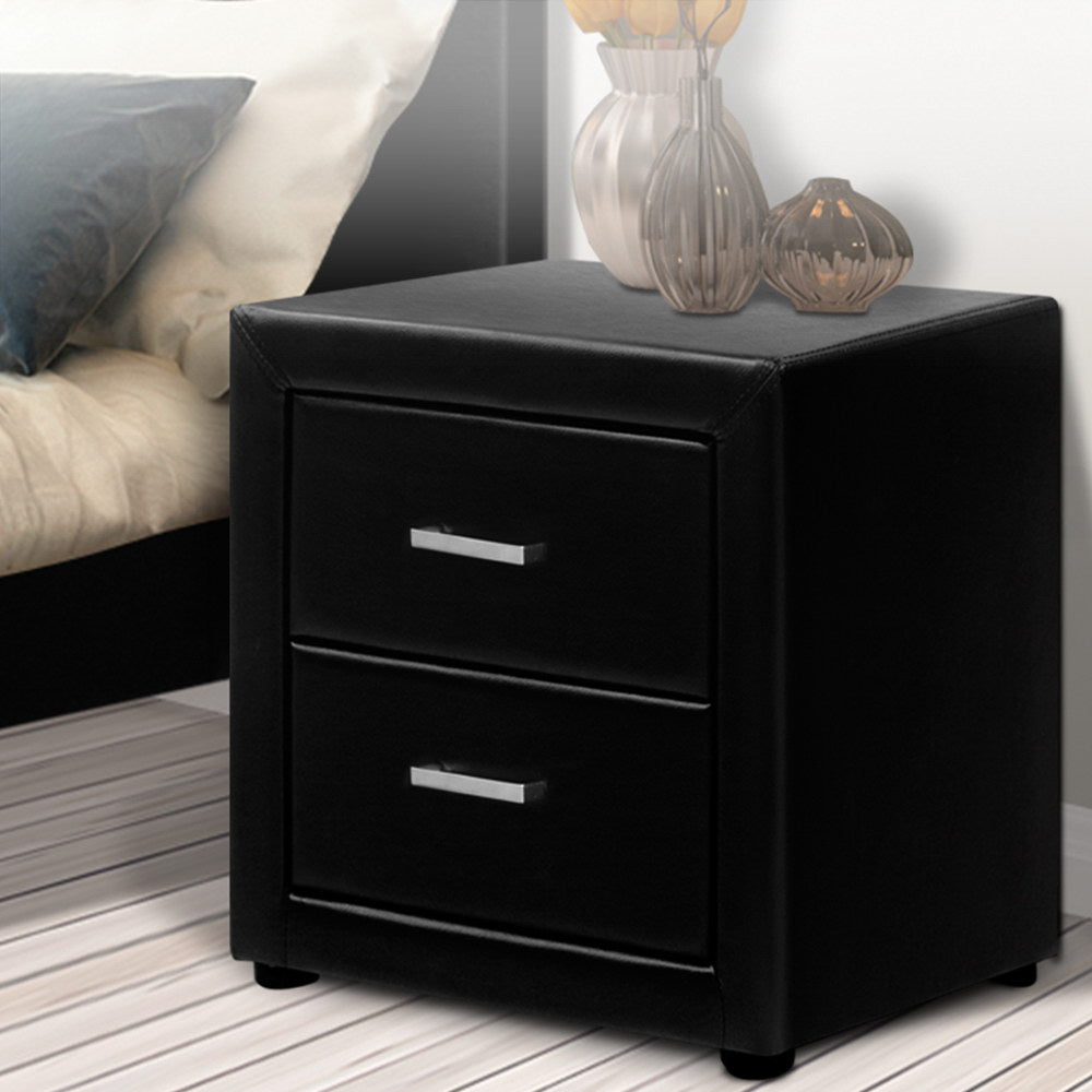 Bedside Table PVC Black Leather