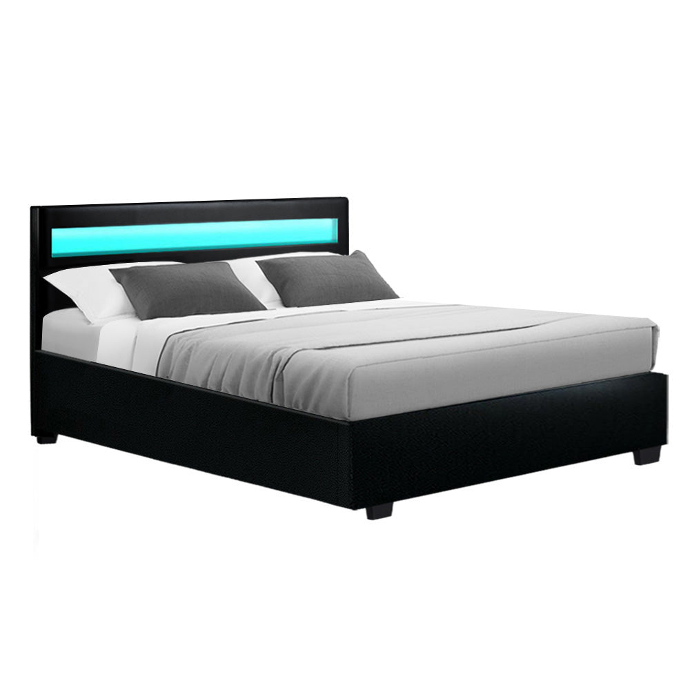 Double size Bed Frame With Gas Lift Storage and LED Light - Black