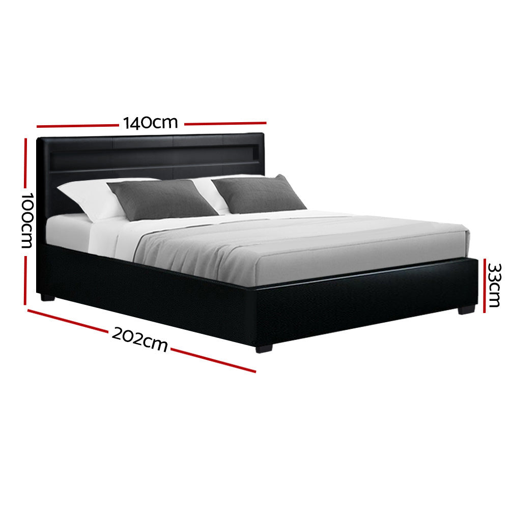 Double size Bed Frame With Gas Lift Storage and LED Light - Black