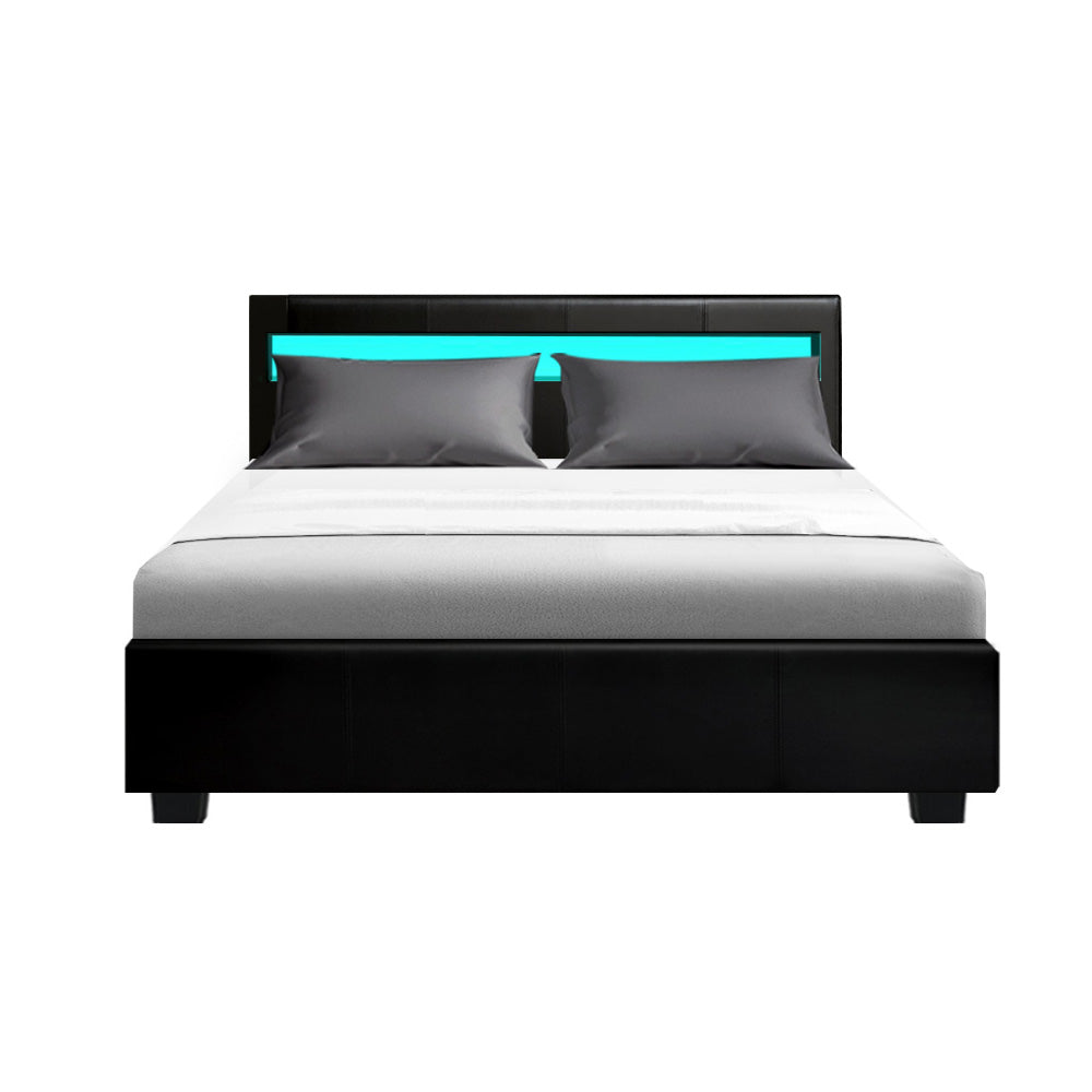 Double size Bed Frame With Gas Lift Storage and LED Light - Black