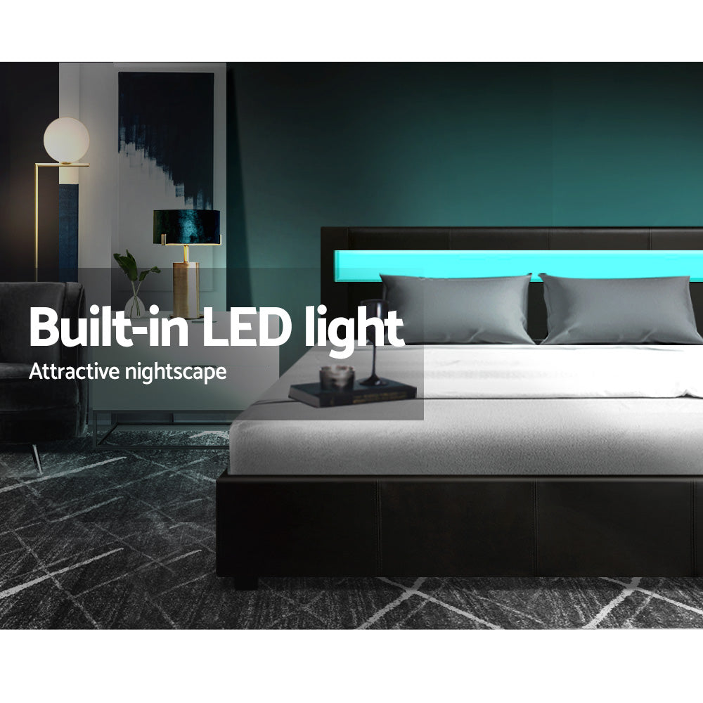 Double size Bed Frame With Gas Lift Storage and LED Light - Black