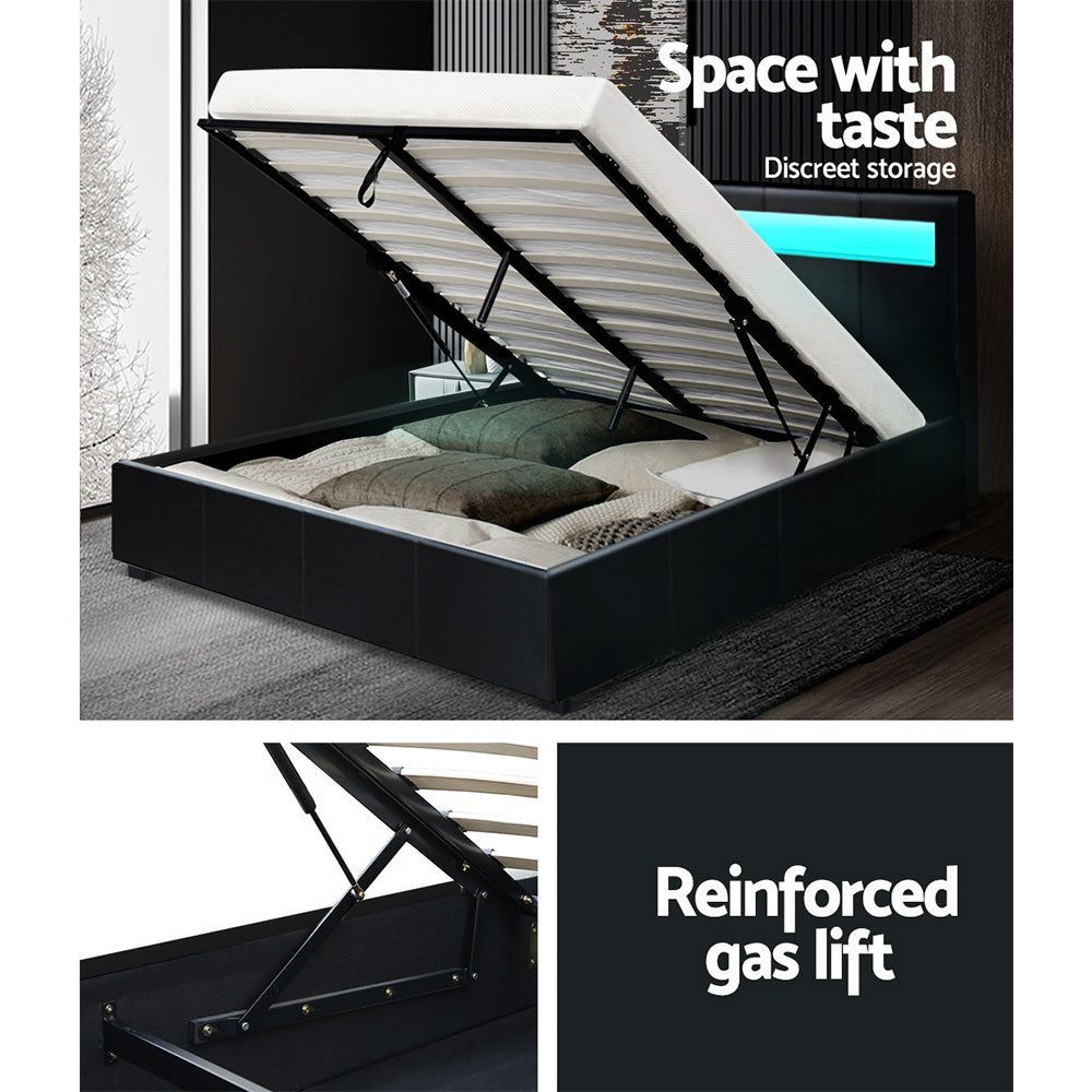 Double size Bed Frame With Gas Lift Storage and LED Light - Black