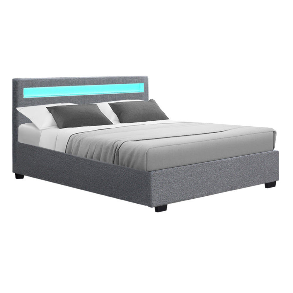 Double Size LED Bed Frame With Headboard And Gas Lift Storage - Grey Fabric
