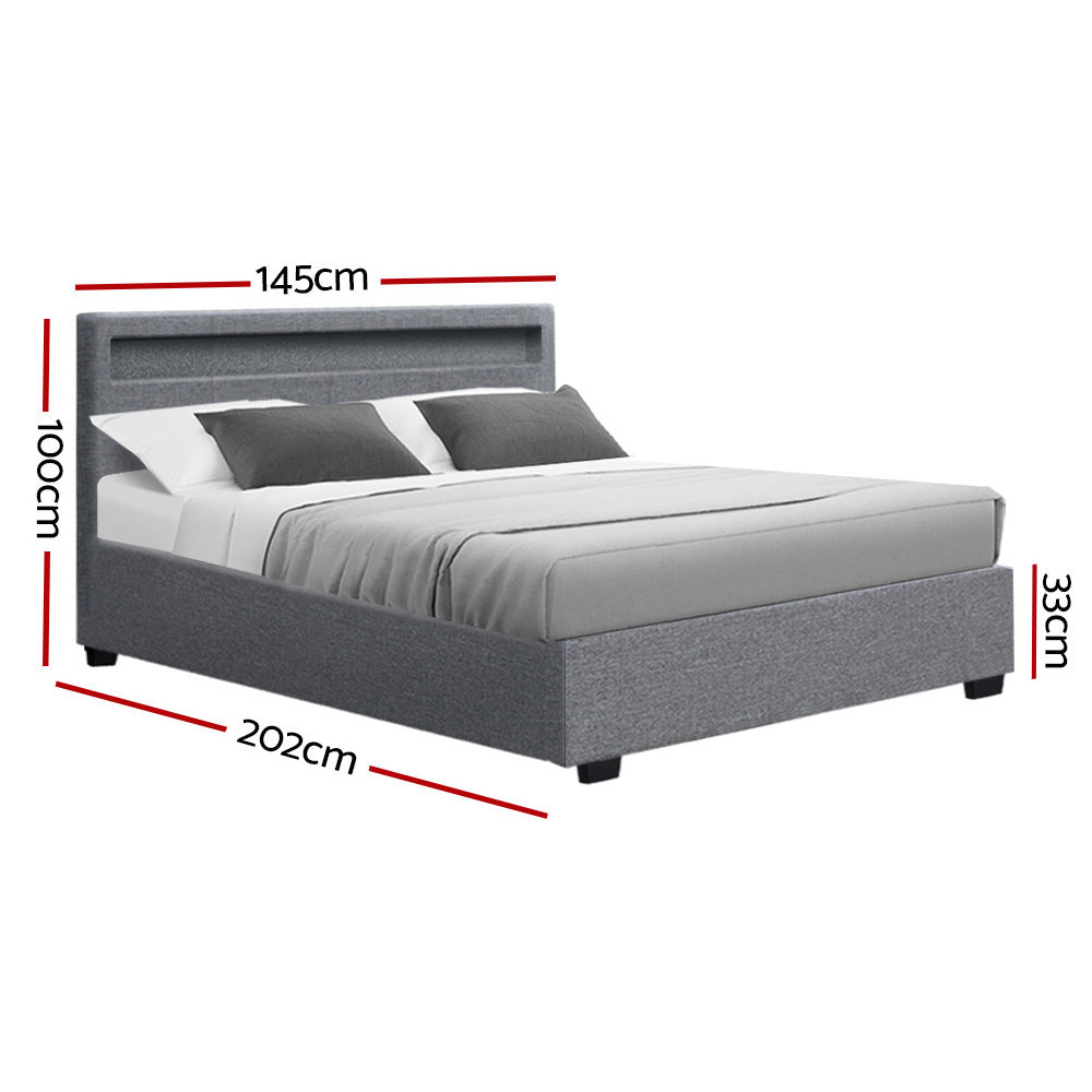 Double Size LED Bed Frame With Headboard And Gas Lift Storage - Grey Fabric
