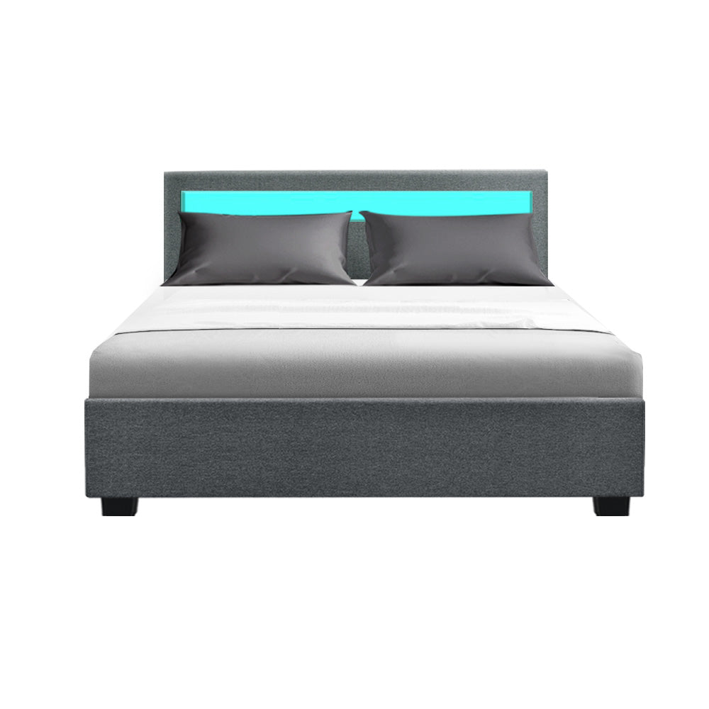 Double Size LED Bed Frame With Headboard And Gas Lift Storage - Grey Fabric