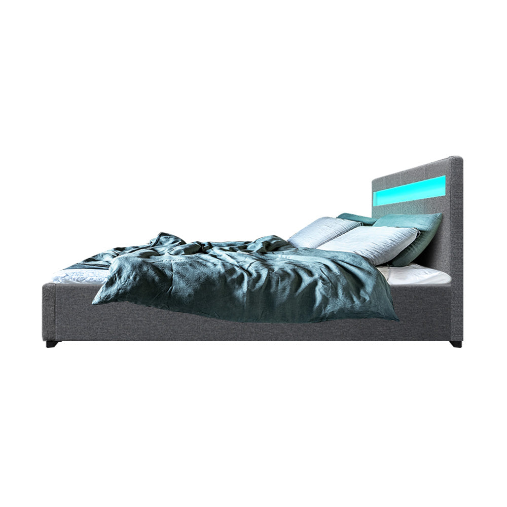 Double Size LED Bed Frame With Headboard And Gas Lift Storage - Grey Fabric