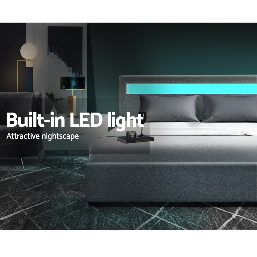 Double Size LED Bed Frame With Headboard And Gas Lift Storage - Grey Fabric