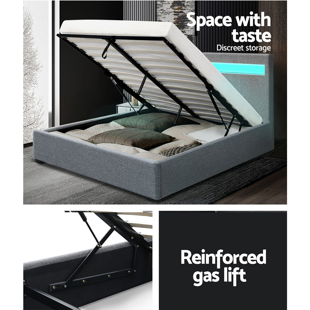 Double Size LED Bed Frame With Headboard And Gas Lift Storage - Grey Fabric