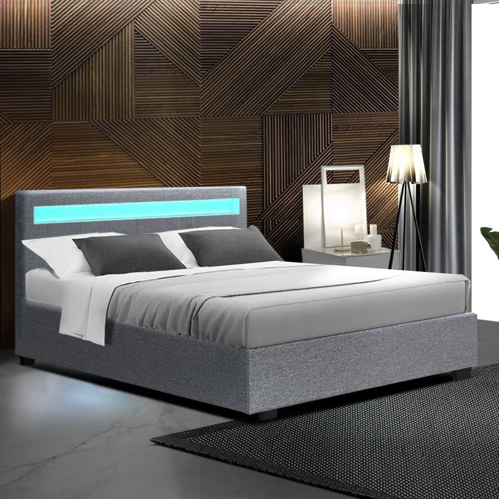 Double Size LED Bed Frame With Headboard And Gas Lift Storage - Grey Fabric
