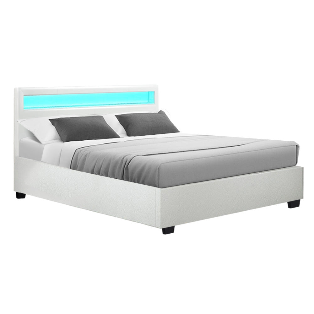 Double Size Bed Frame With Gas Lift Storage and LED Light - White