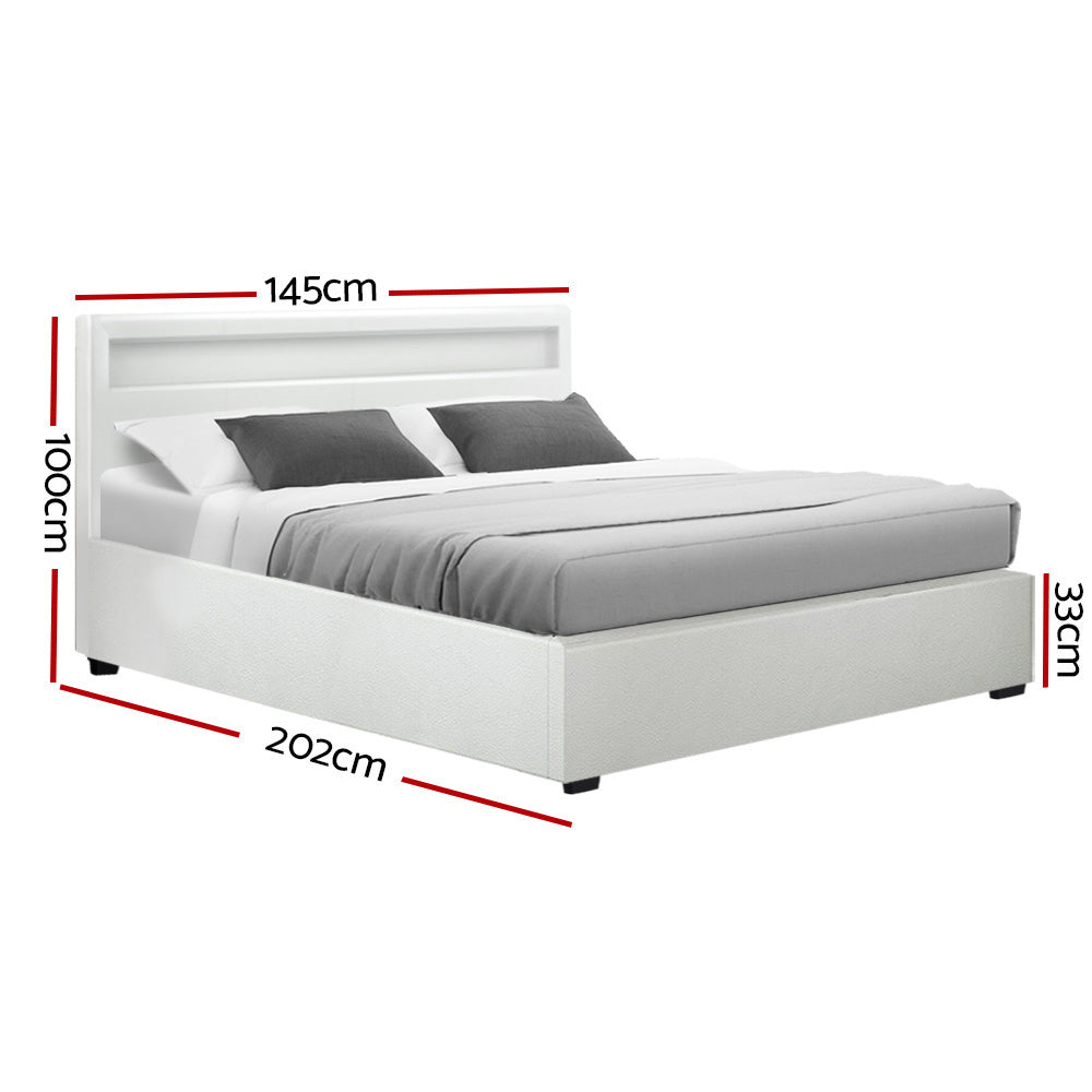 Double Size Bed Frame With Gas Lift Storage and LED Light - White