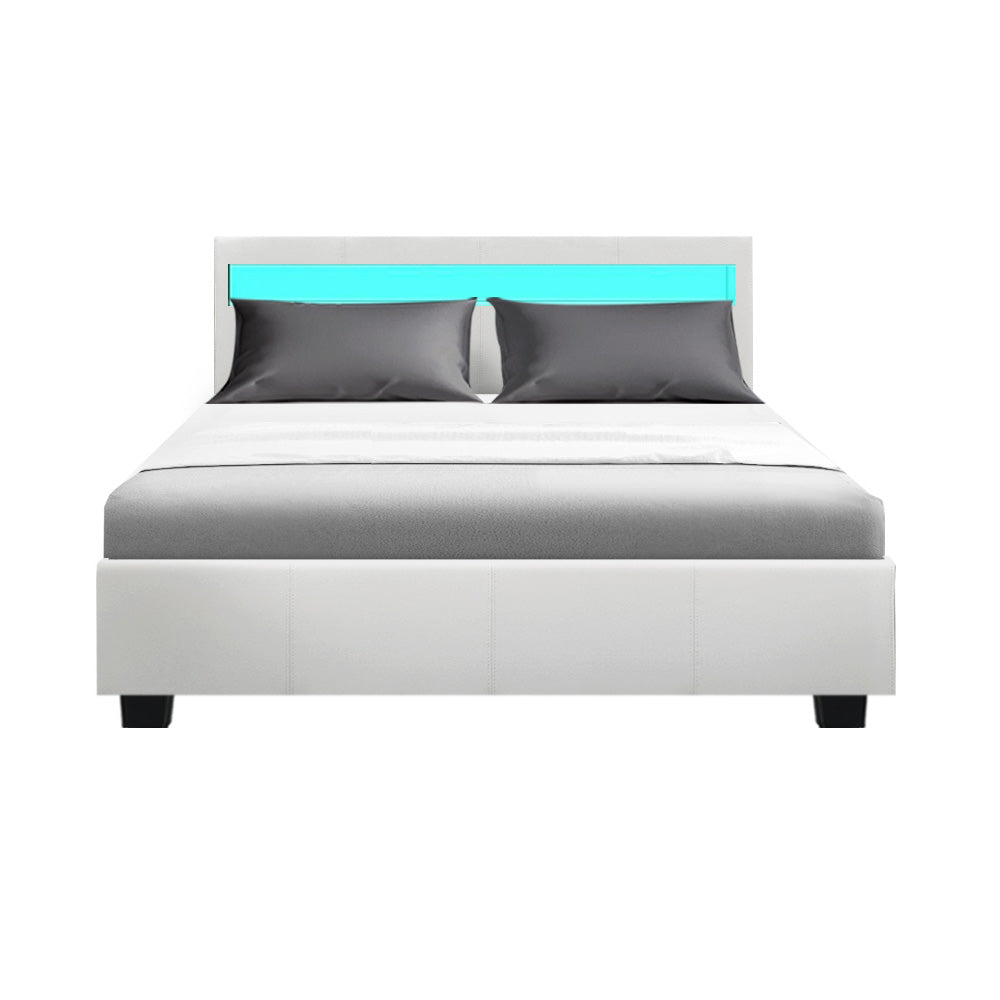Double Size Bed Frame With Gas Lift Storage and LED Light - White