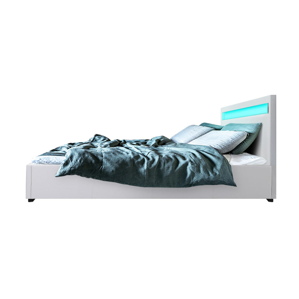 Double Size Bed Frame With Gas Lift Storage and LED Light - White