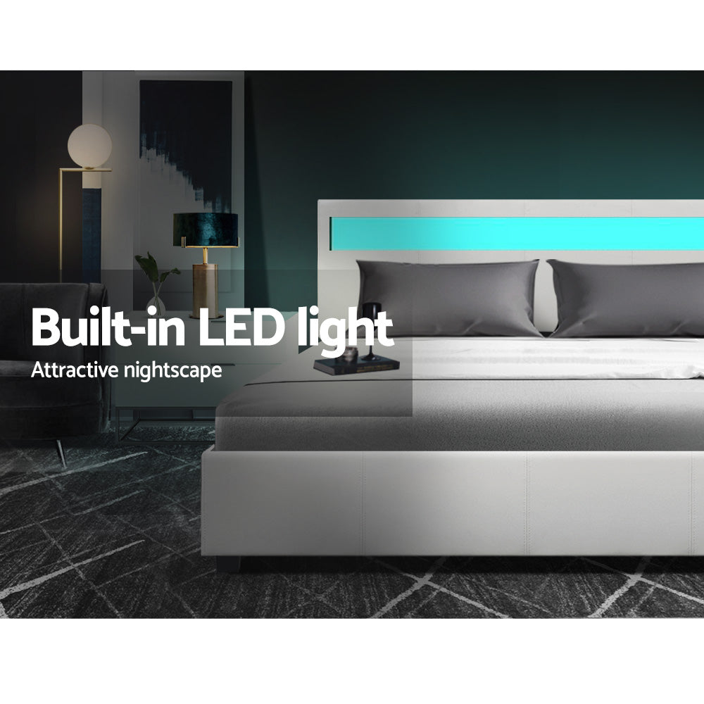 Double Size Bed Frame With Gas Lift Storage and LED Light - White