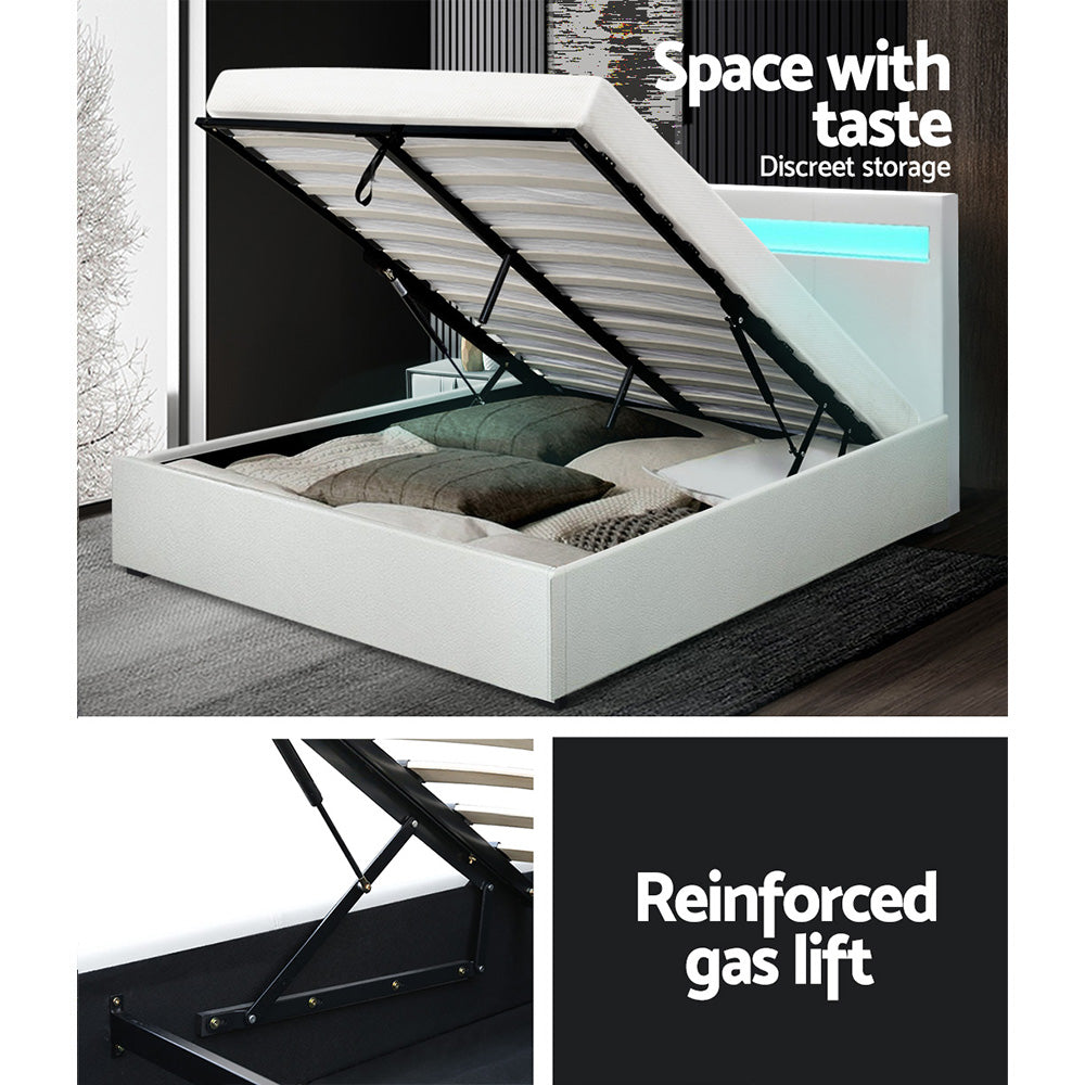 Double Size Bed Frame With Gas Lift Storage and LED Light - White