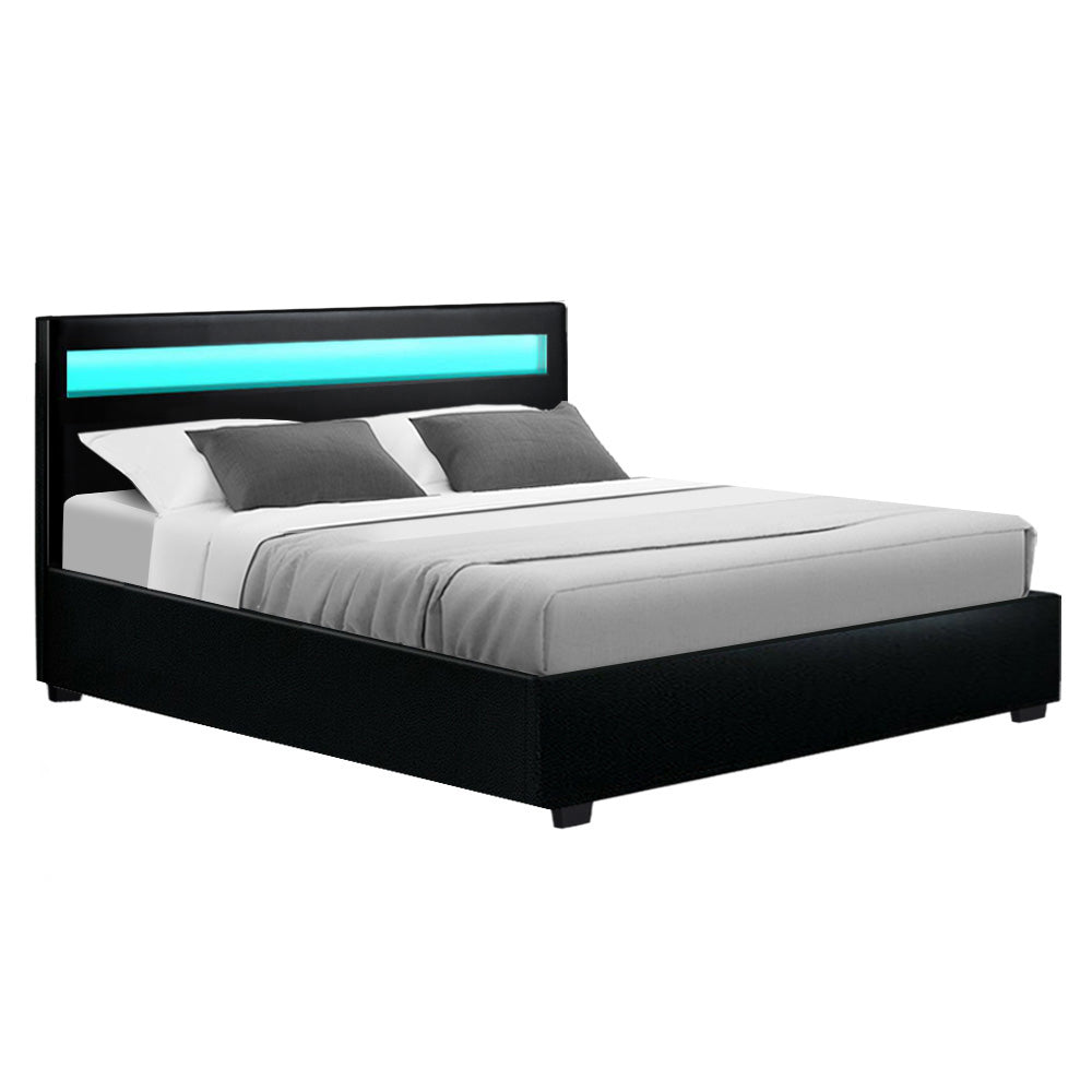 Queen Size Bed Frame With Headboard, Gas Lift Storage and LED Light - Black