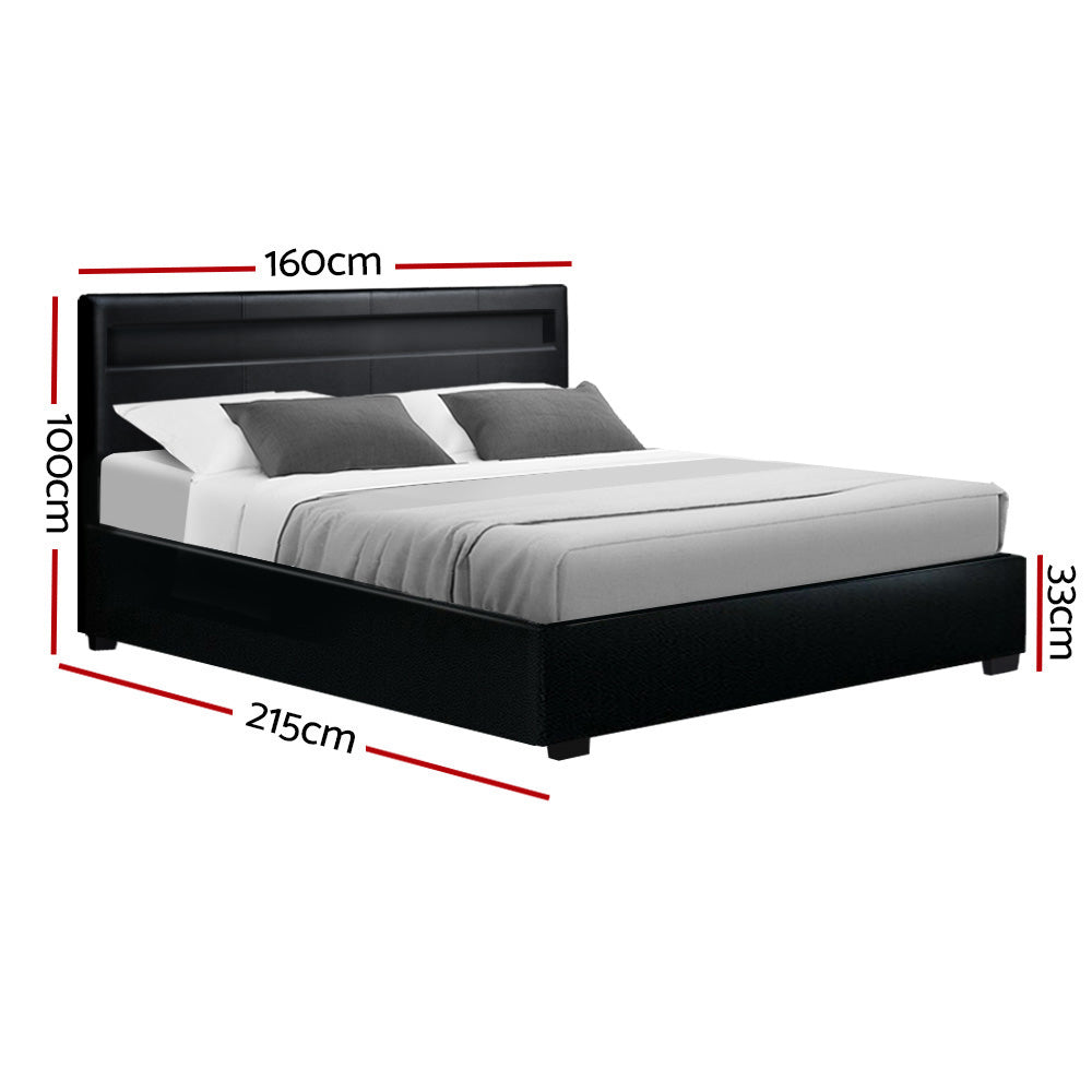 Queen Size Bed Frame With Headboard, Gas Lift Storage and LED Light - Black