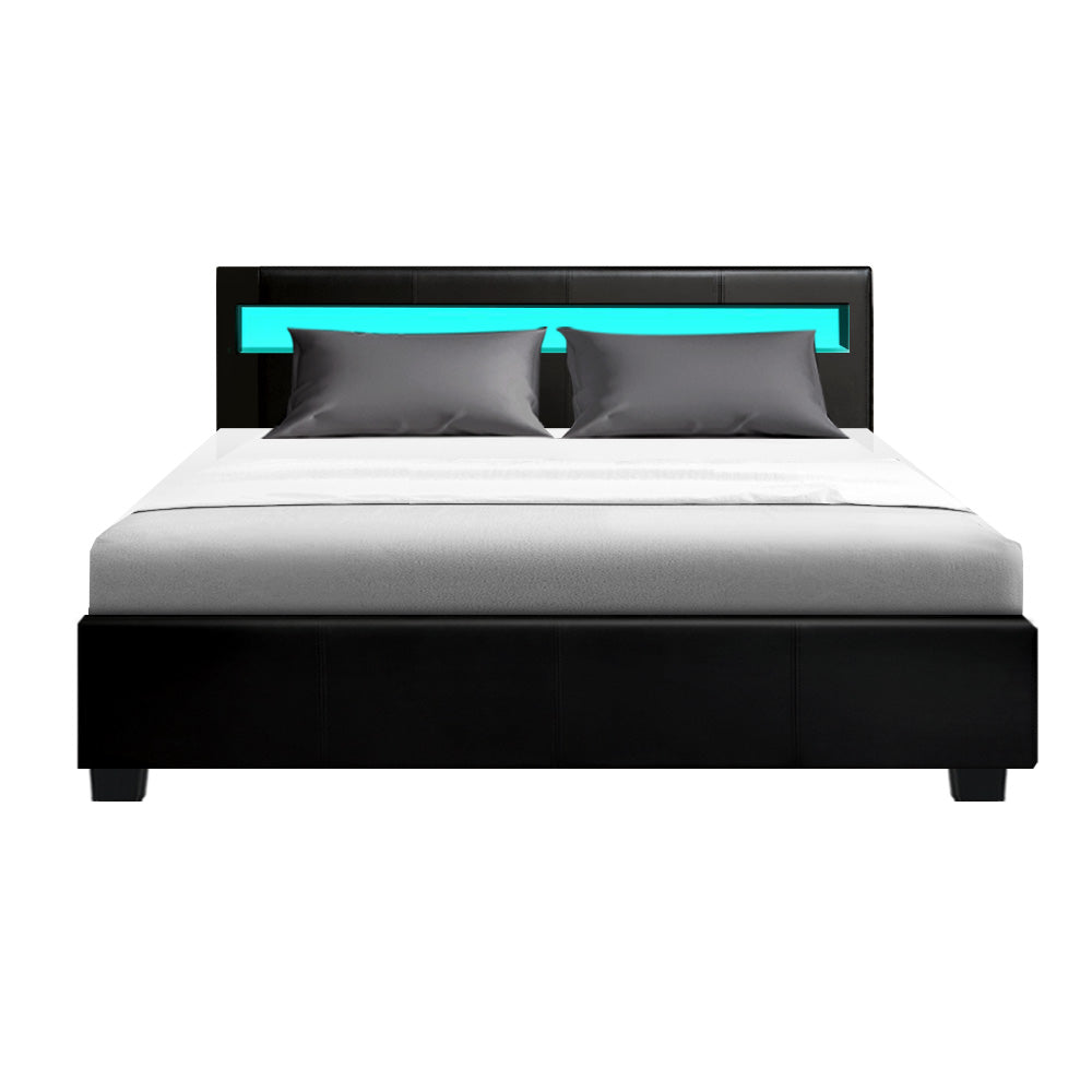 Queen Size Bed Frame With Headboard, Gas Lift Storage and LED Light - Black
