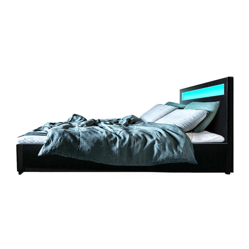 Queen Size Bed Frame With Headboard, Gas Lift Storage and LED Light - Black
