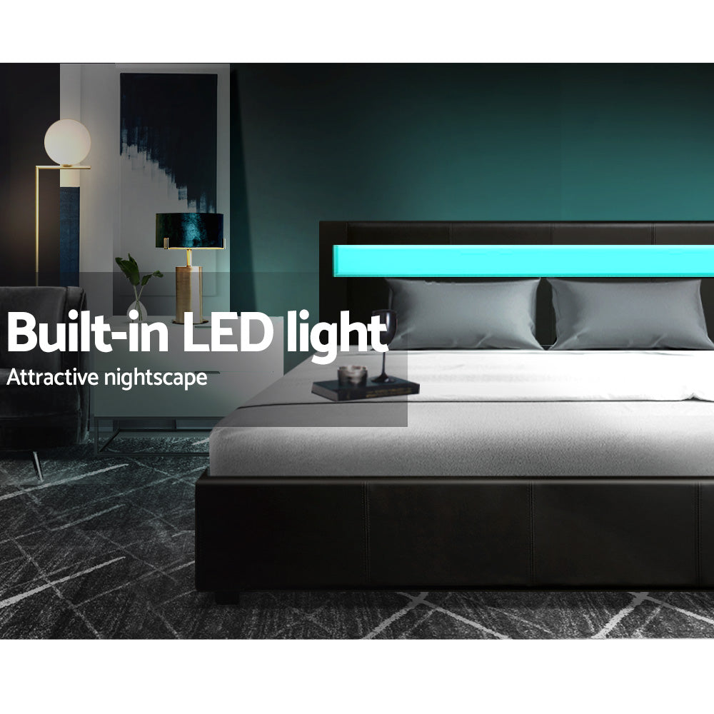 Queen Size Bed Frame With Headboard, Gas Lift Storage and LED Light - Black