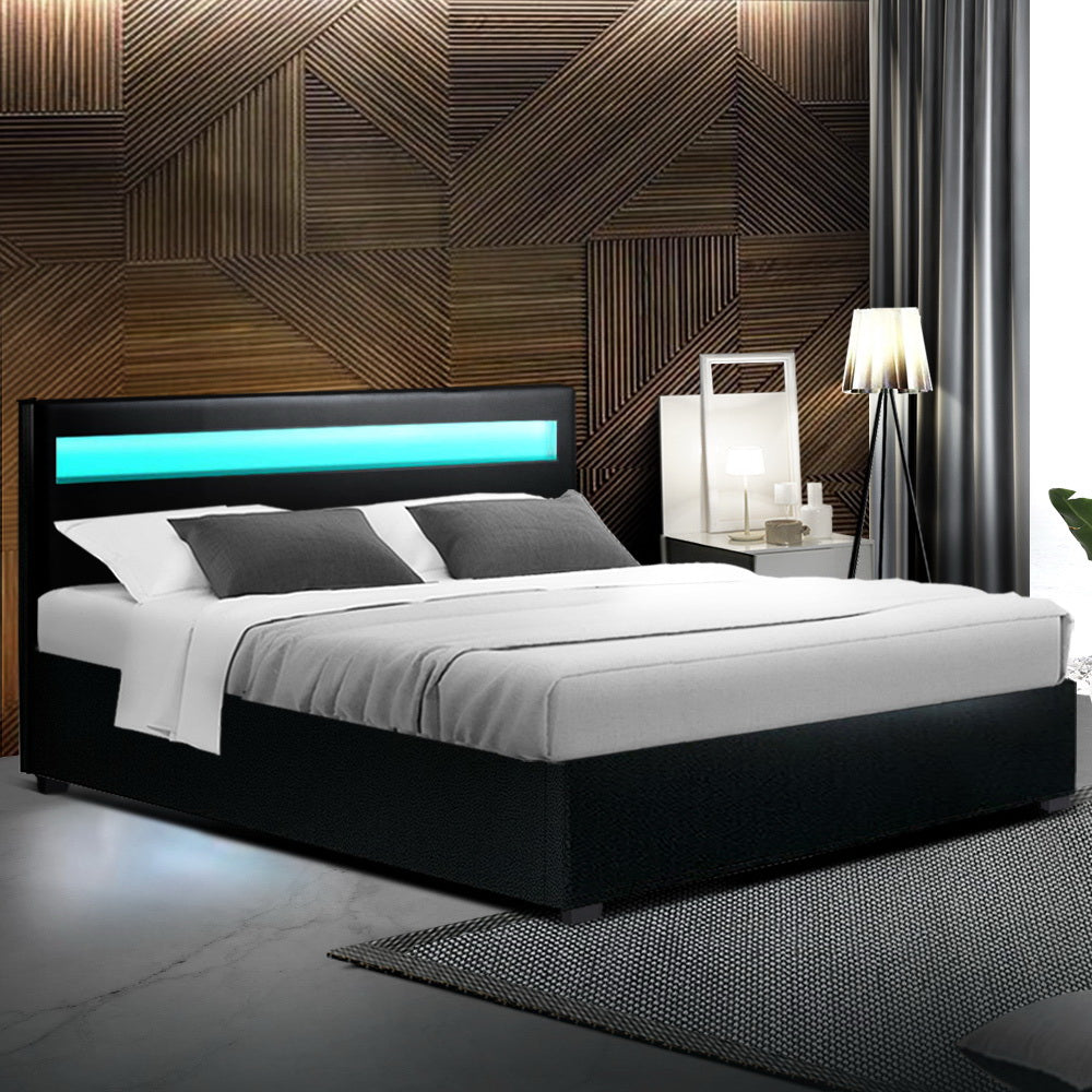 Queen Size Bed Frame With Headboard, Gas Lift Storage and LED Light - Black