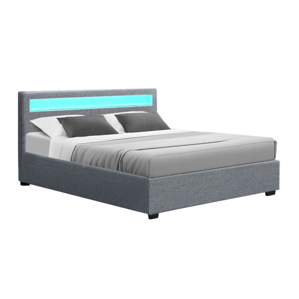 Queen Sized LED Bed Frame With Fabric Headboard and Gas Lift Storage - Grey