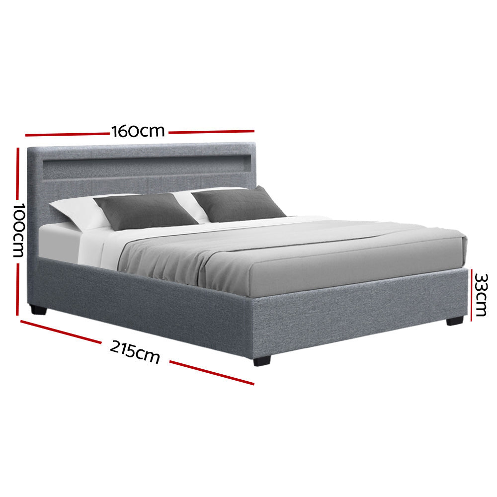 Queen Sized LED Bed Frame With Fabric Headboard and Gas Lift Storage - Grey
