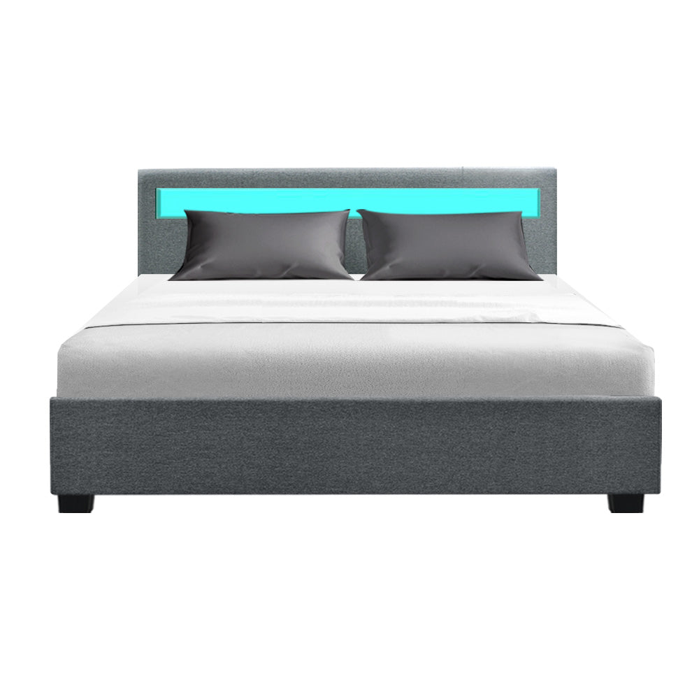 Queen Sized LED Bed Frame With Fabric Headboard and Gas Lift Storage - Grey