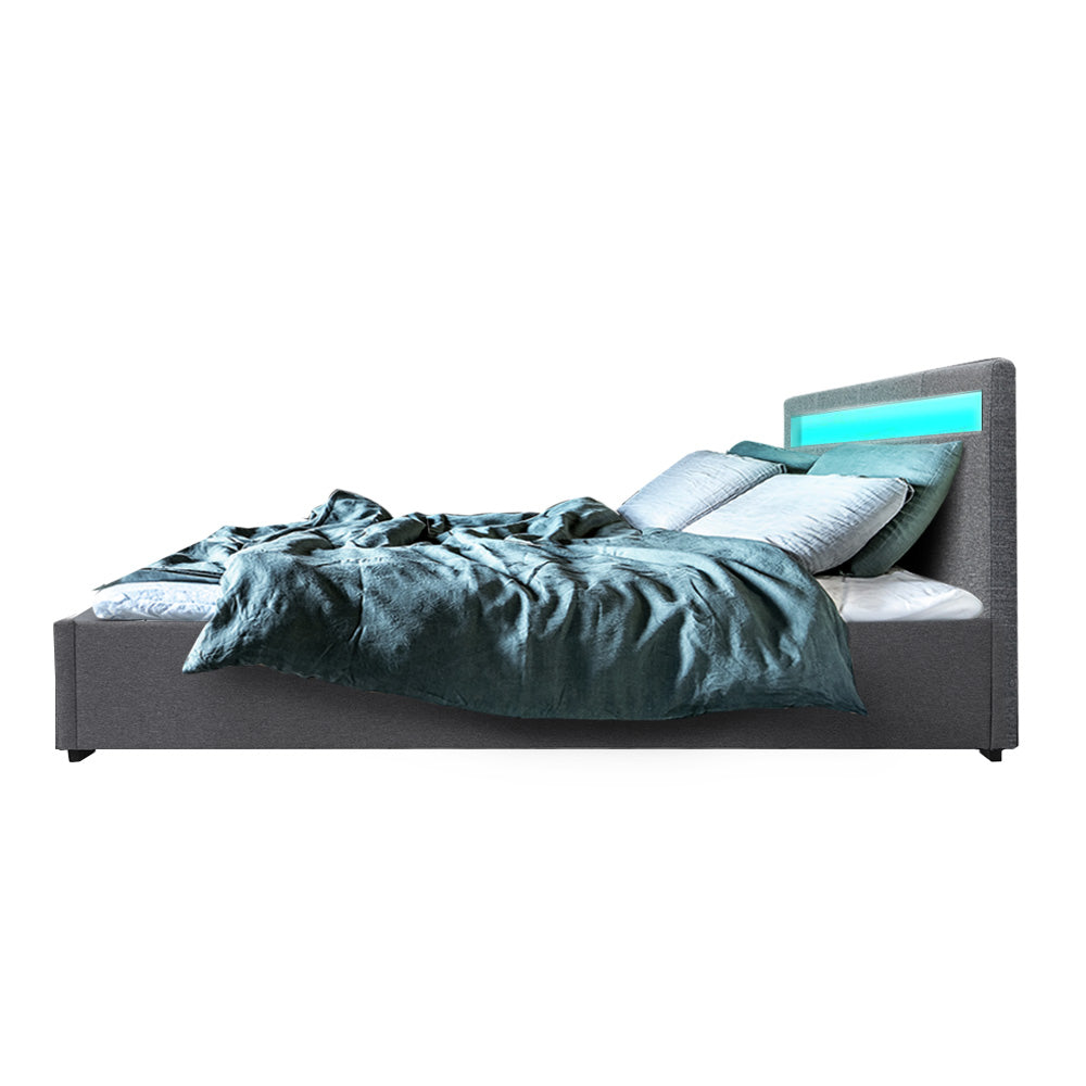 Queen Sized LED Bed Frame With Fabric Headboard and Gas Lift Storage - Grey
