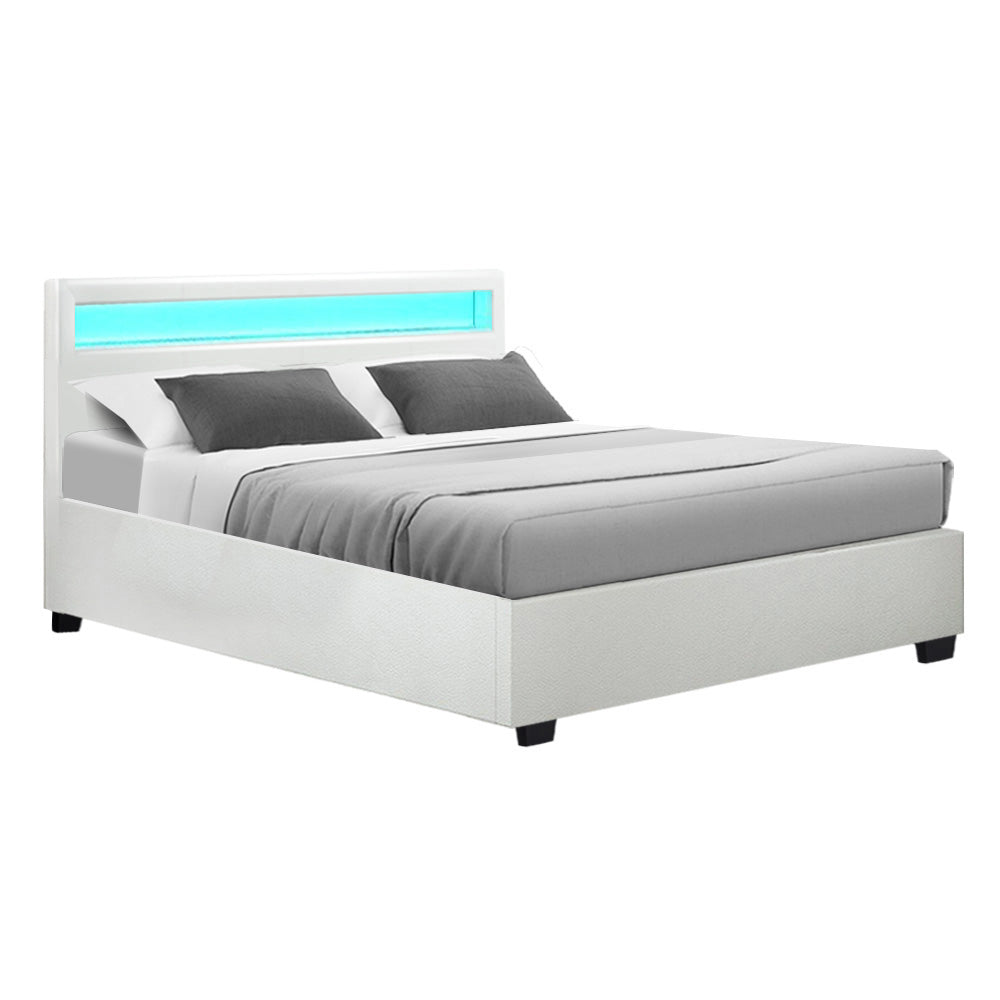 Queen Sized LED Bed Frame with Headboard and Gas Lift Storage White Leather