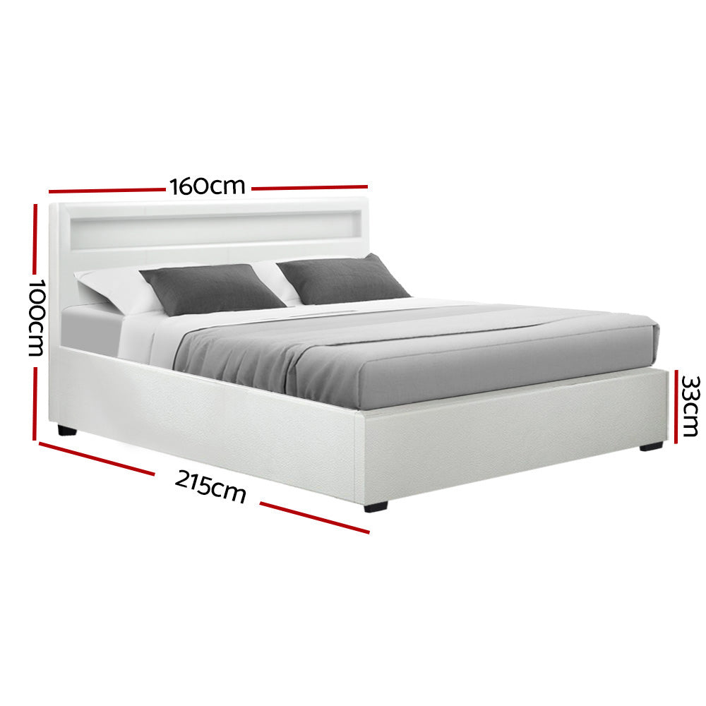 Queen Sized LED Bed Frame with Headboard and Gas Lift Storage White Leather