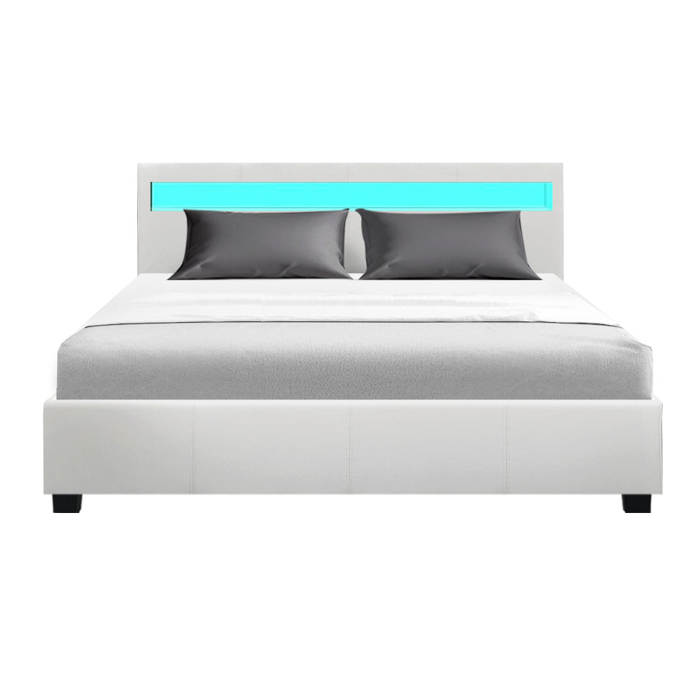 Queen Sized LED Bed Frame with Headboard and Gas Lift Storage White Leather